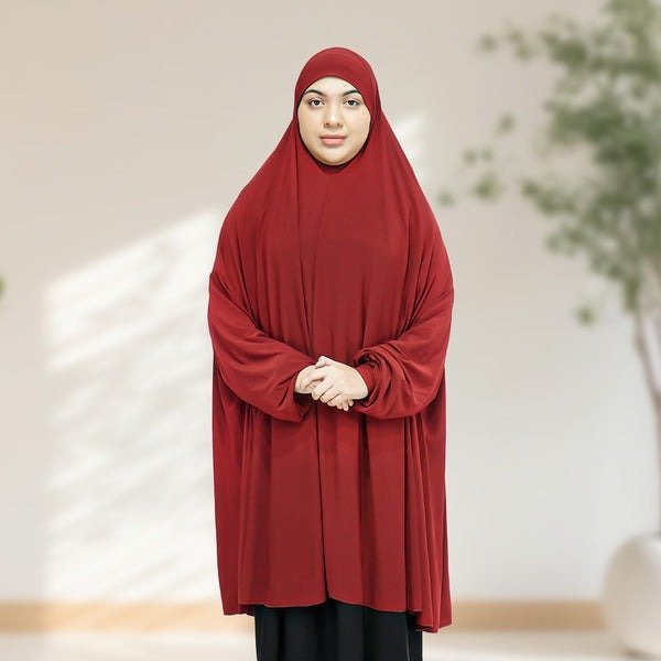 One Piece Prayer Hijab with Sleeve Maroon - Umrah & Hajj Norge